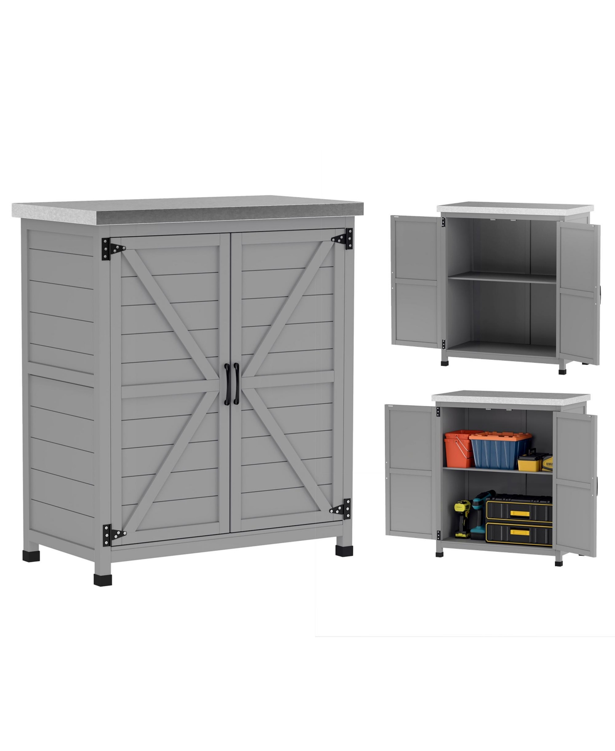 Outdoor Storage Table, Wooden Tool Shed w/Shelves, - Gray