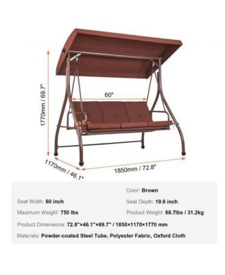 3-Seat Patio Swing Chair with Adjustable Canopy Removable Cushion and Steel Frame