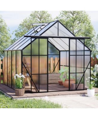 8x8FT Aluminum Double Door Polycarbonate Greenhouse with Raised Base and Anchor