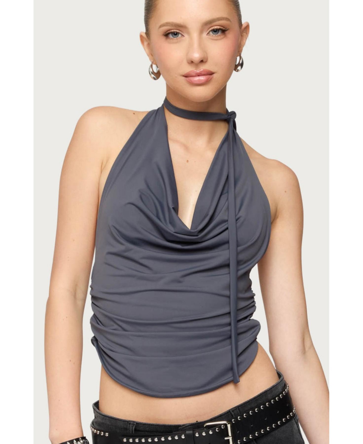 Women's Two Piece Cowl Neck Scarf Halter Top - Dark-gray