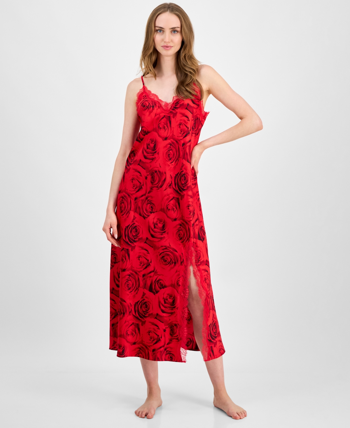 I.n.c International Concepts Women's Lace-Trim Floral Satin Nightgown, Macy's Exclusive - Quinn Rose
