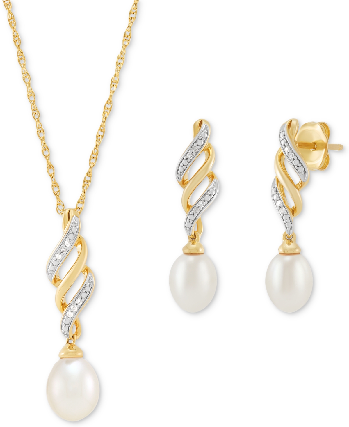 2-Pc. Set Cultured Freshwater Pearl (6 & 7mm) & Diamond Accent Swirl Pendant Necklace & Matching Drop Earrings in 14k Gold-Plated Sterling Silver - 14
