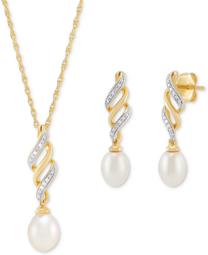 2-Pc. Set Cultured Freshwater Pearl (6 & 7mm) & Diamond Accent Swirl