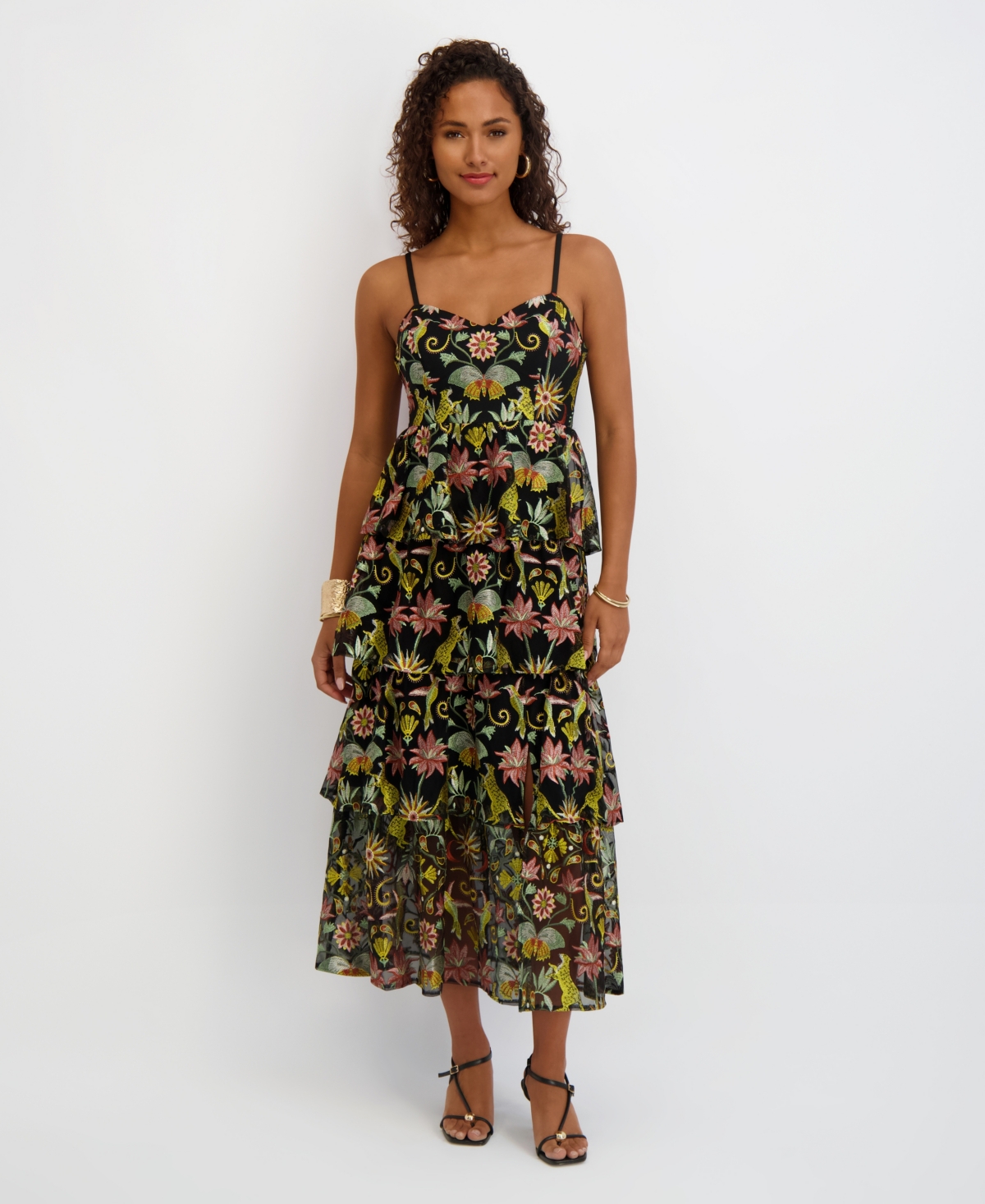 Women's Embroidered Mesh Sleeveless Maxi Dress - Black Multi