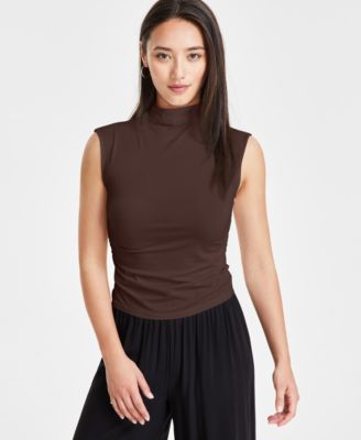 Bar III - Petite Side-Ruched Mock-Neck Sleeveless Top