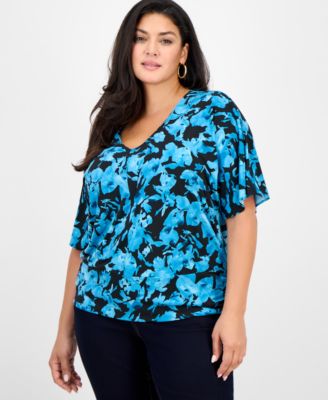 Plus Size Printed V-Neck Short-Sleeve Top, Macy's Exclusive