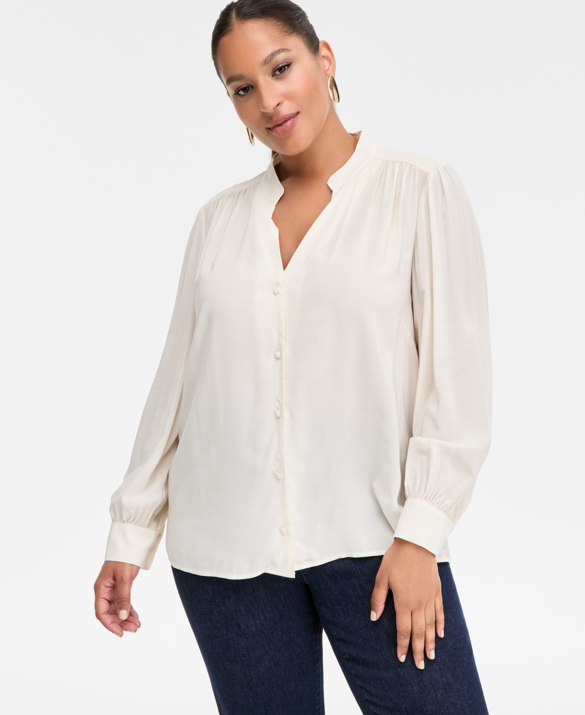 Inc International Concepts Plus Size Blouson-sleeve Button-front Shirt, Macy's Exclusive In White
