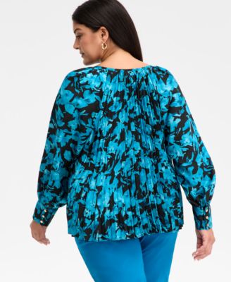 Plus Size Printed Pleated V-Neck Blouse, Macy's Exclusive