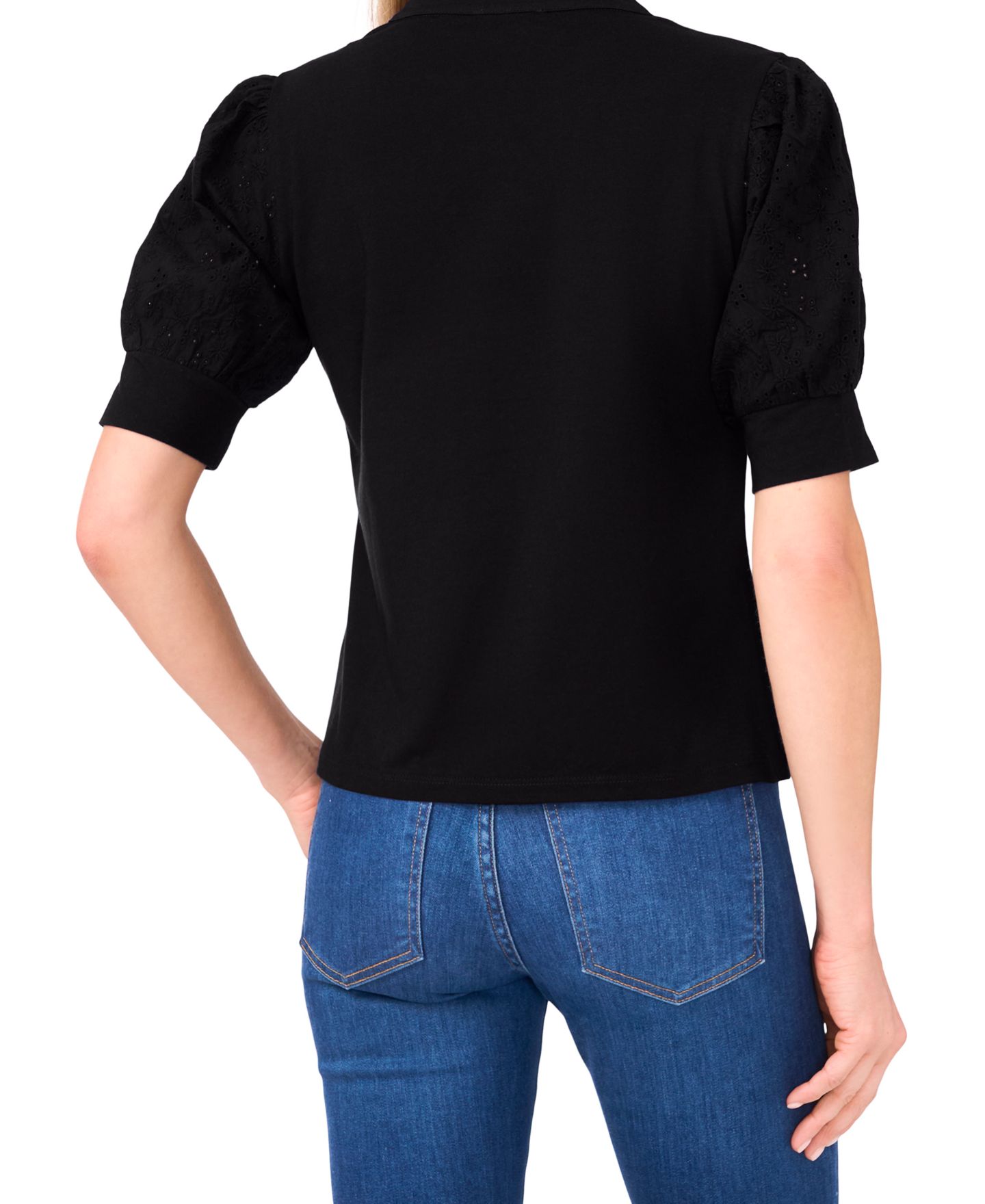 Женский топ CeCe Pearl Button Henley Embroidered Puff 3/4-Sleeve Cotton Top, цвет: Насыщенный чёрный — фото 2