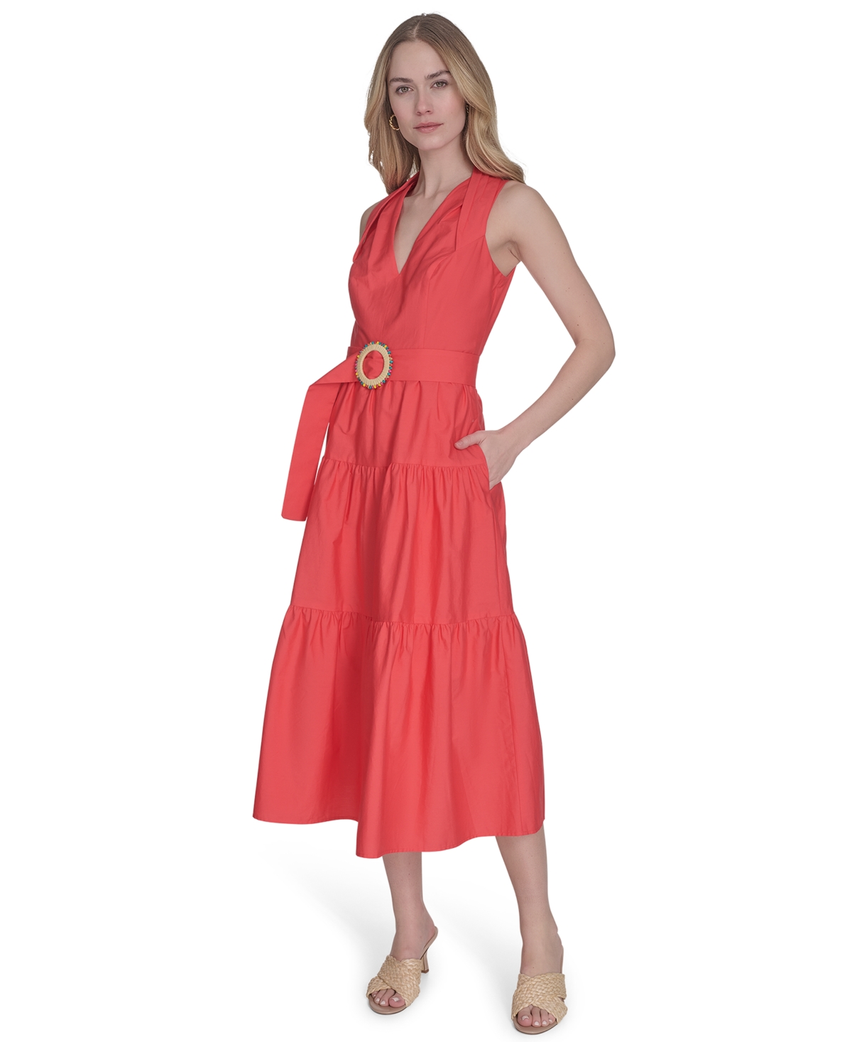 Vince Camuto Petite Cotton Belted Sleeveless Tiered Midi Dress In Red