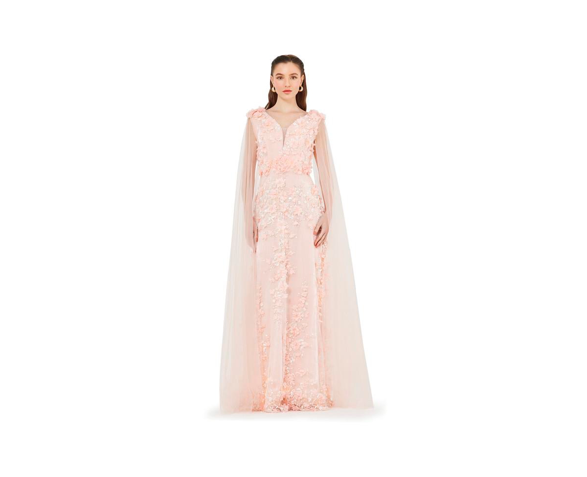 Women's Tulle Cape Sleeve Floral Applique Gown - Pink