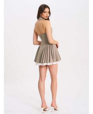 Women's Hazel Brown Preppy Halter Neck Pleated Mini Dress