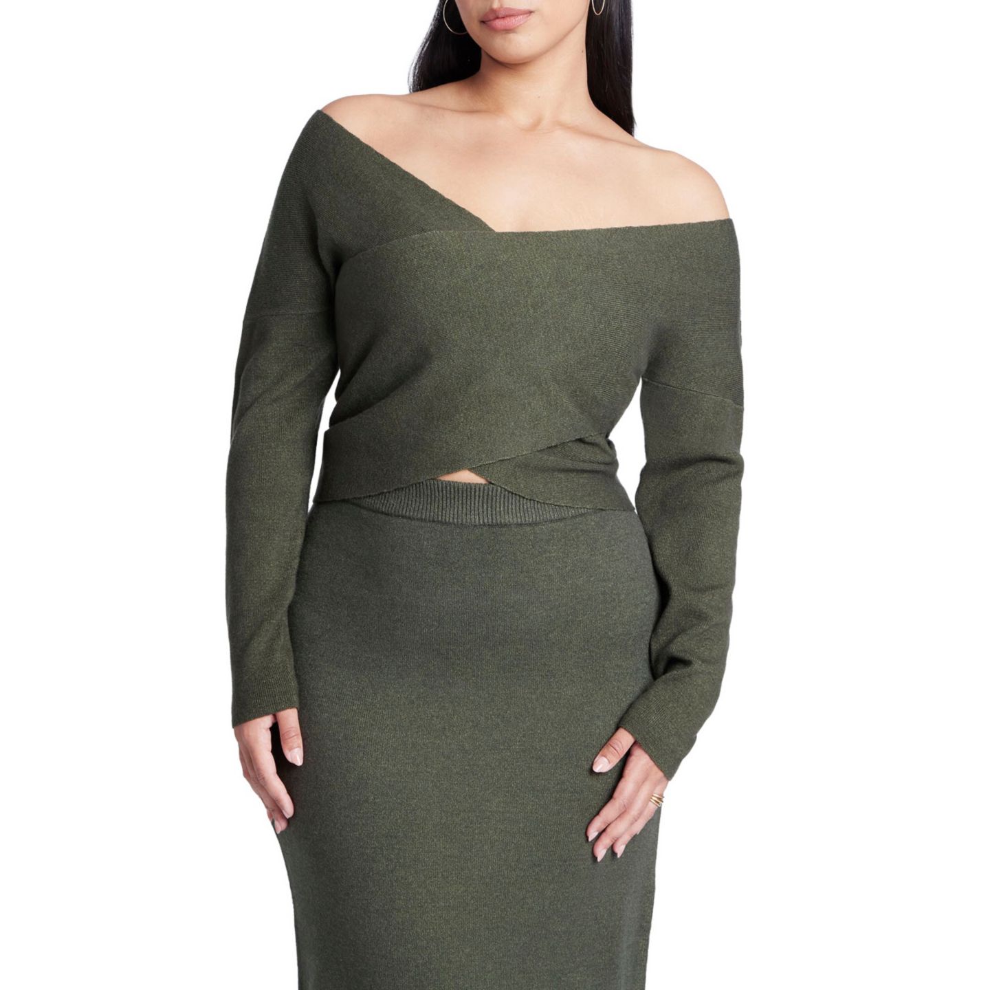 Женский свитер ELOQUII Wrap Front Cropped, цвет: Зелёный меланжевый — фото 1