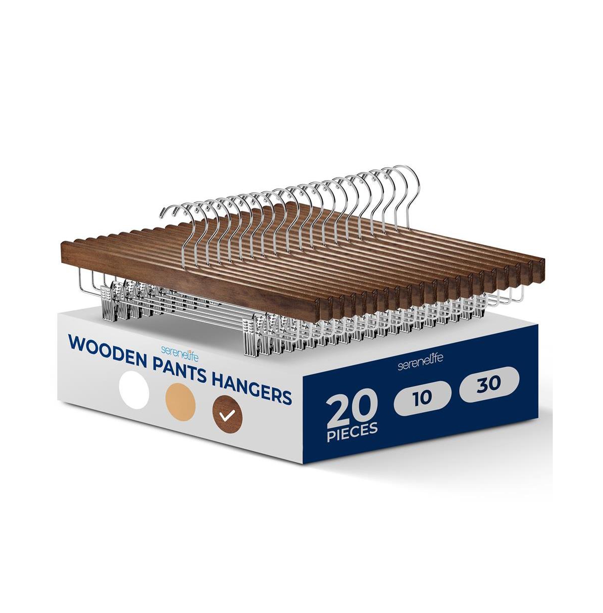 20 Pcs. Premium Wooden Pants Hangers - Heavy Duty Hanger Set with Chrome 360&#xB0; Swivel Hook (Retro - Brown