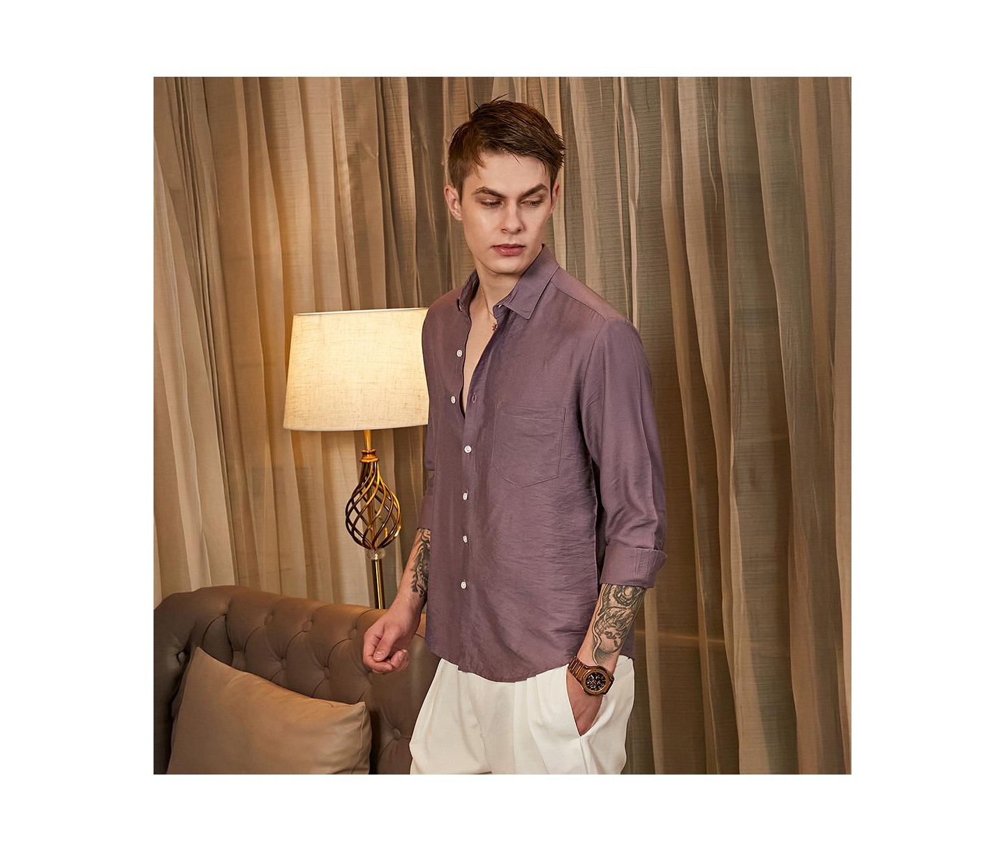 Мужская рубашка Cahoot Campus Sutra Grape Purple Breezy Wrinked Relaxed, цвет: Фиолетовый — фото 4