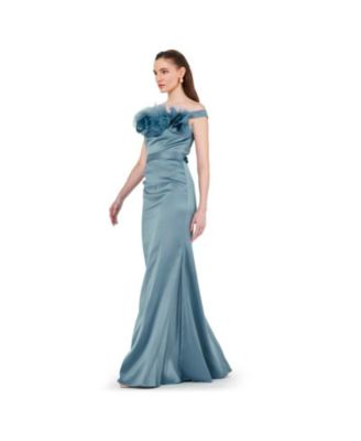 Women's Organza Floral Detail Pleated Satin Gown