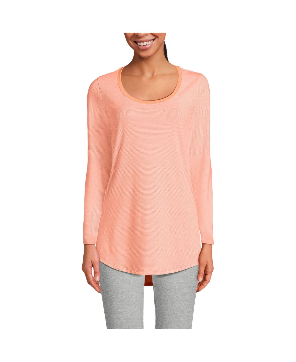 Women's Long Sleeve Power Performance Scoop Neck Curved Hem Tunic Tee - Soft orange pinstripe