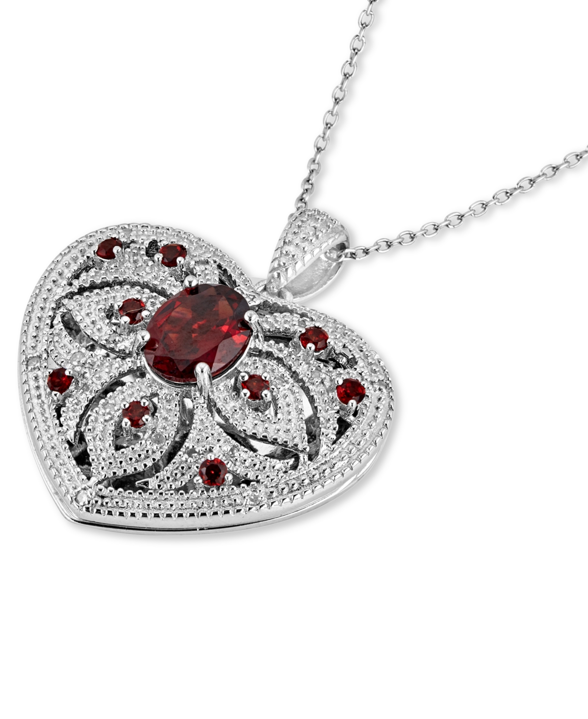 Macy's Garnet (2-3/4 Ct. T.w.) & Diamond (1/10 Ct. T.w.) Heart 18" Pendant Necklace In Sterling Silver In Burgundy