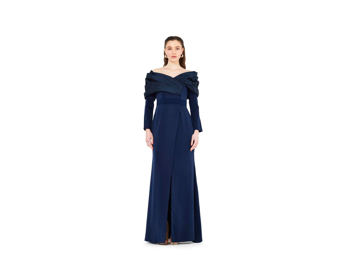Women's Ruched Drape Off-The-Shoulder Wrap Over Gown - Navy blue