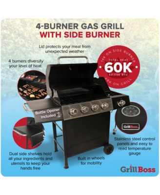 4-Burner Gas Grill with Side Burner, Cover, Shelves, & Bottle Opener