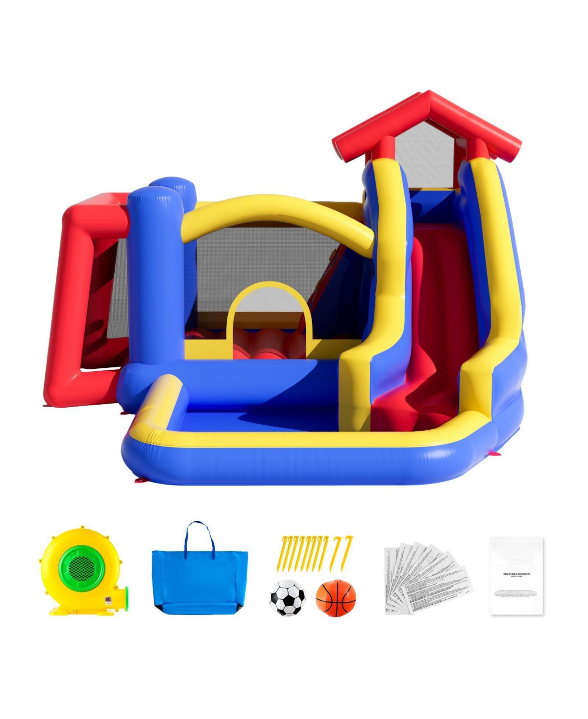 Outdoor Playhouse Trampoline Jumping Bouncer with Slide Blower and Storage Bag - Red, Blue, Yellow