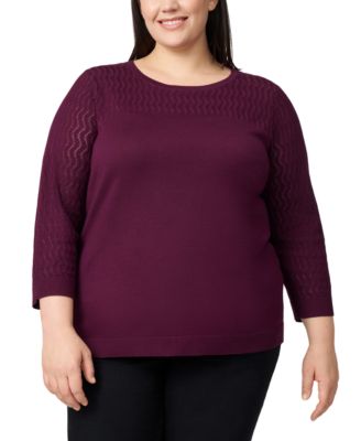 Plus Size Pointelle-Yoke 3/4-Sleeve Sweater