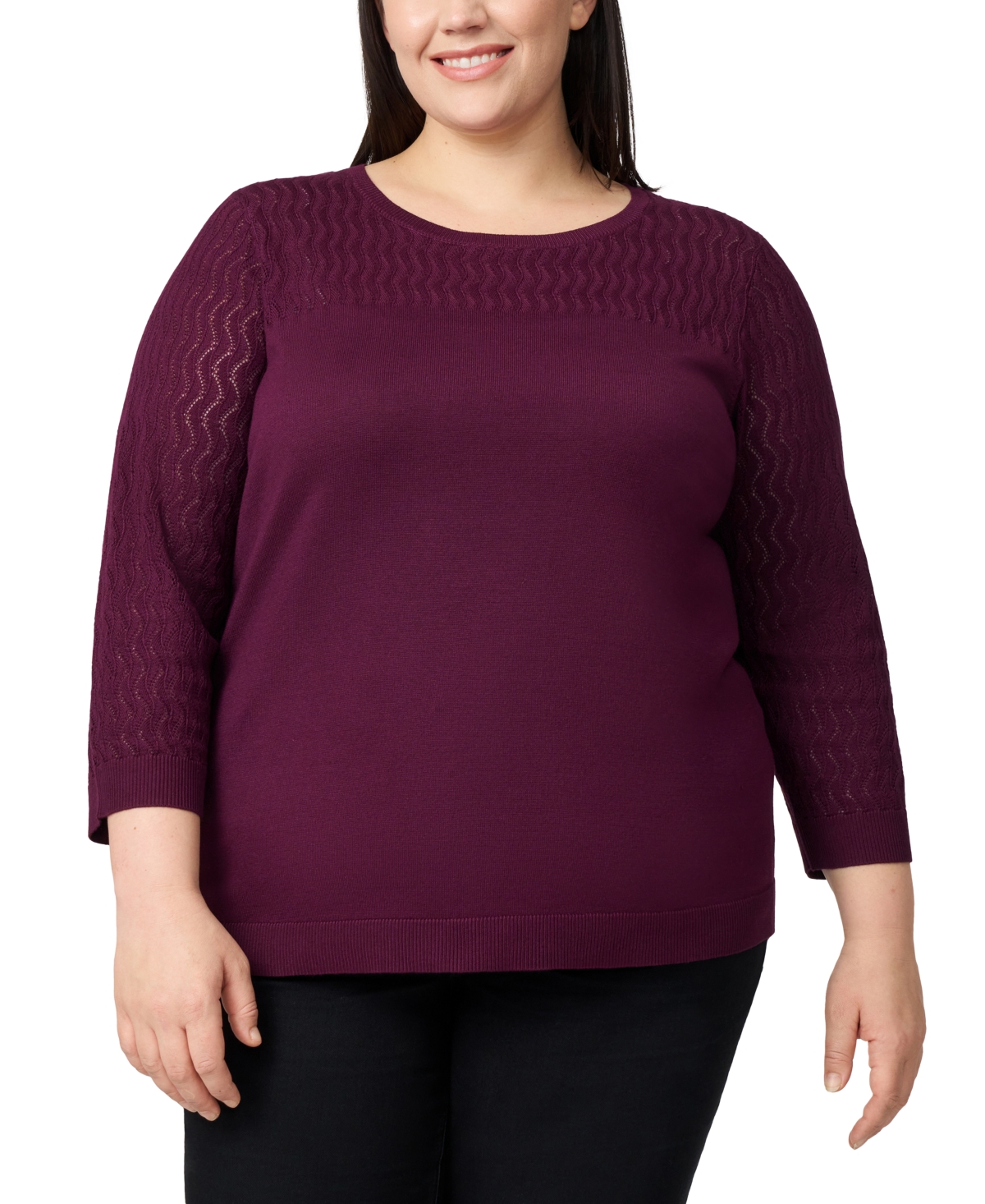 Melissa Paige Plus Size Pointelle-yoke 3/4-sleeve Sweater In Red
