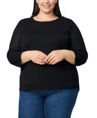 Plus Size Pointelle-Yoke 3/4-Sleeve Sweater