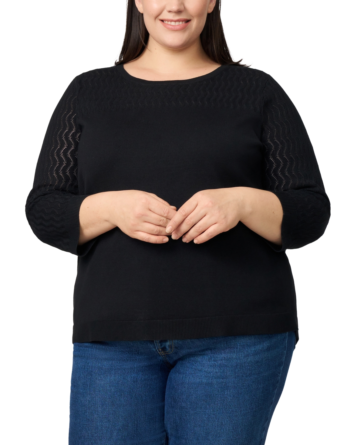 Melissa Paige Plus Size Pointelle-yoke 3/4-sleeve Sweater In Black