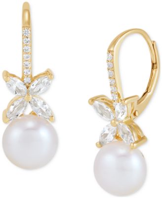 Macy's - Cultured Freshwater Pearl (7mm) & Lab Grown White Sapphire (1 ct. t.w.) Leverback Drop Earrings in 14k Gold-Plated Sterling Silver
