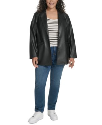 Plus Size Faux-Leather Peak-Lapel Jacket