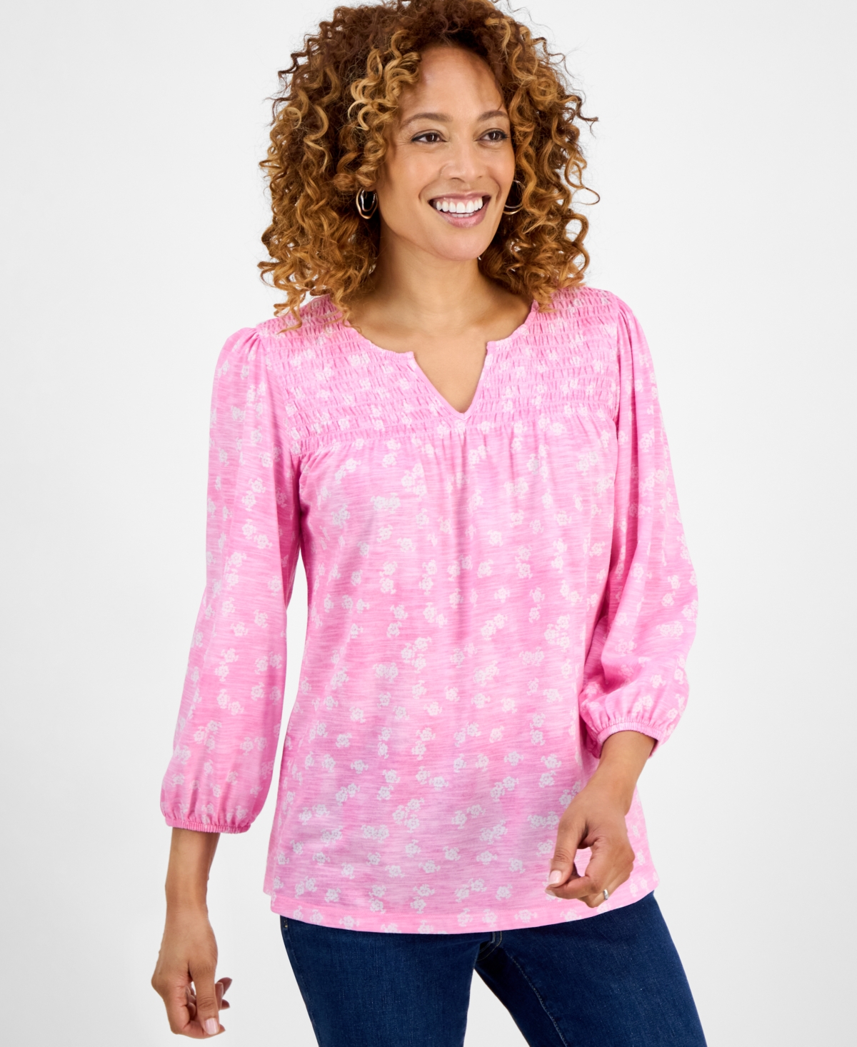 Women's Smocked Knit 3/4 Sleeve Top, Exclusively at Macy's - Pink Rush