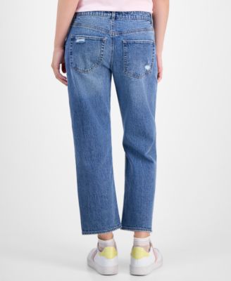Juniors' Cropped Straight Destructed Mid-Rise Jeans