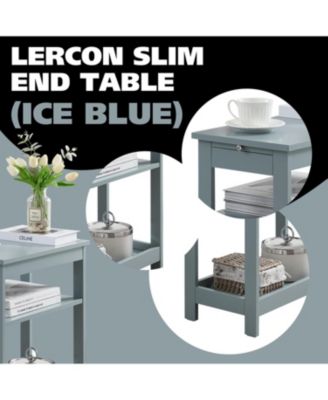 Slim Wood Side End Table with Storage Shelves & Pull-Out Tray, Nightstand for Bedroom, Living Room