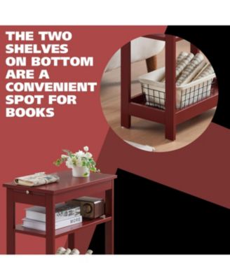 Slim Wood Side End Table with Storage Shelves & Pull-Out Tray, Nightstand for Bedroom, Living Room