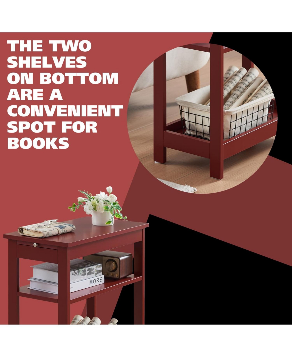 Kings Brand Furniture Slim Wood Side End Table with Storage Shelves & Pull-Out Tray, Nightstand for Bedroom, Living Room