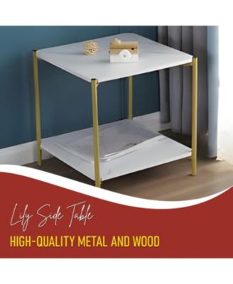 Side End Table with Faux Marble Storage Shelves & Gold Metal Frame, Nightstand for Bedroom, Living Room, or Modern Accent Table