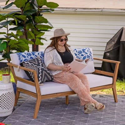 Bodie Acacia Wood Outdoor Patio Loveseat with Bone White Cushions - 62" W