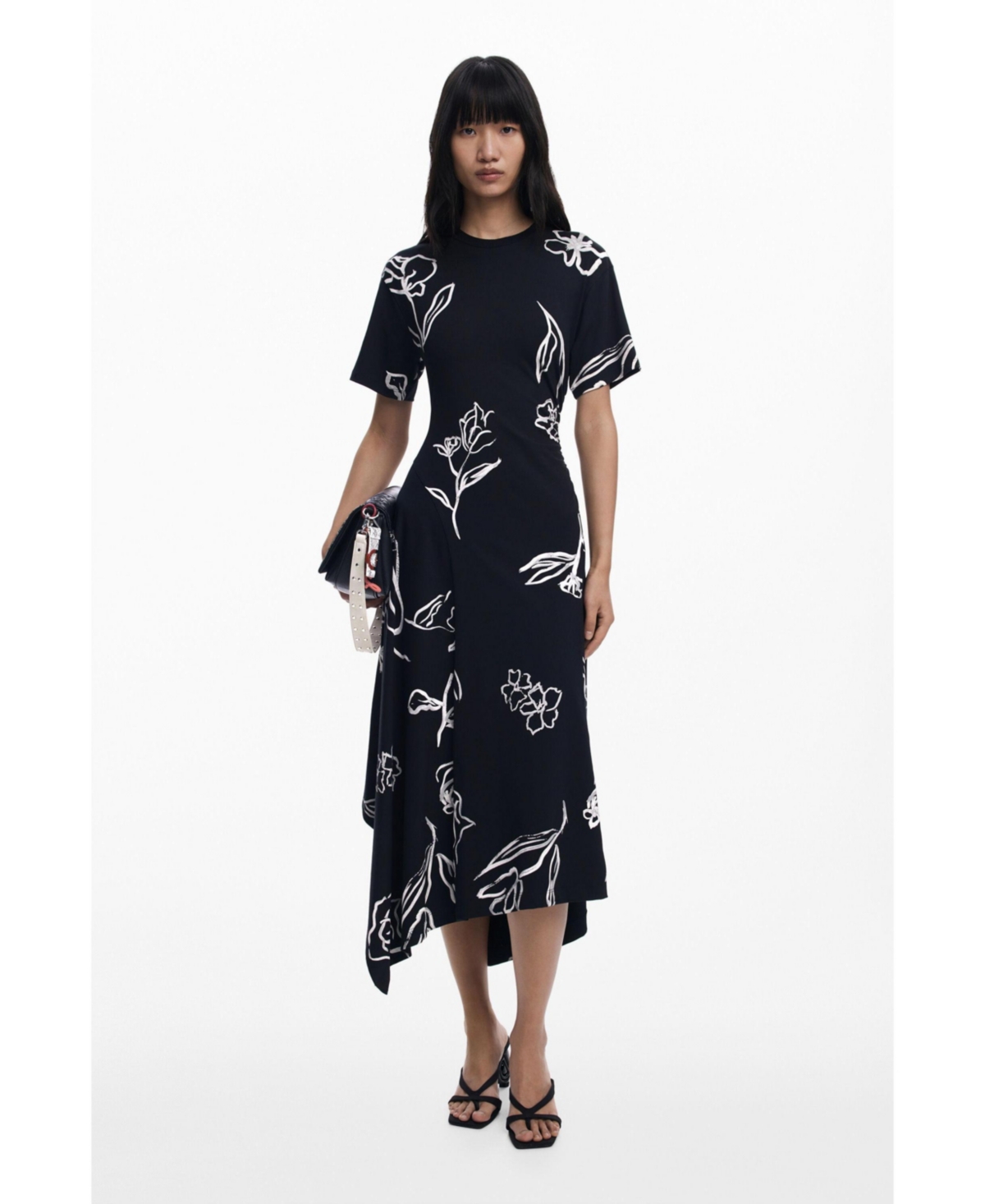 Women's Asymmetric dress with floral strokes - Black