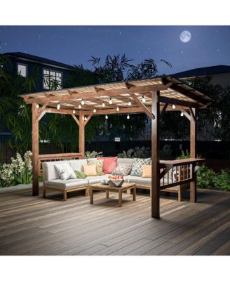 13x6.5FT Wooden BBQ Pergola – Metal Roof Grill Gazebo with Bar Counters & Lights