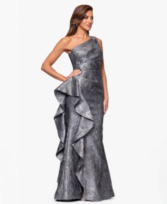 Petite One-Shoulder Ruffled Jacquard Gown