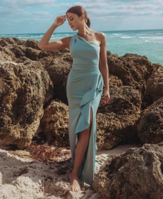 Petite Gathered-Waist One-Shoulder Evening Gown