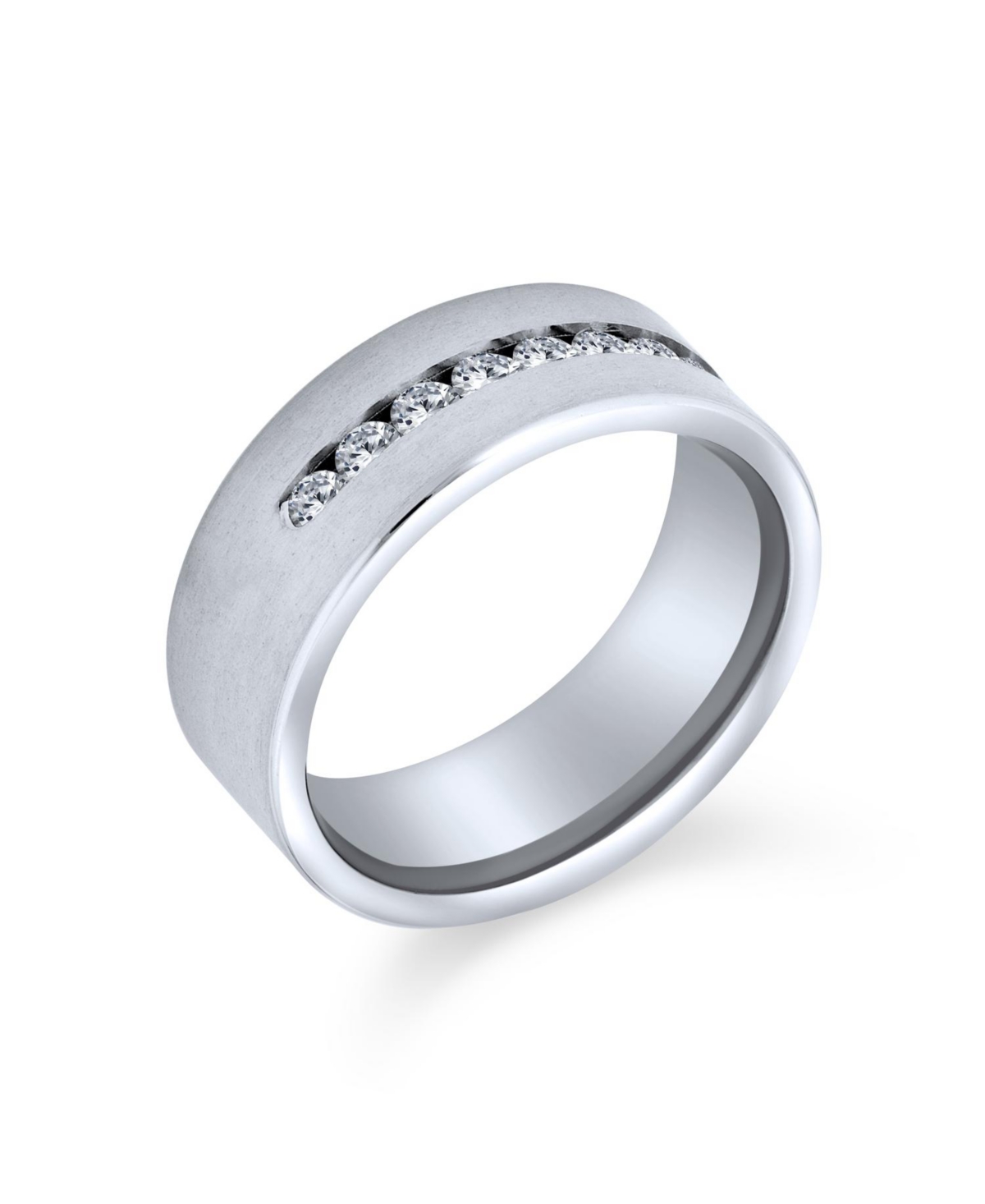 Channel Set Cz Cubic Zirconia Silver Tone Titanium Wide Band Ring - Silver b