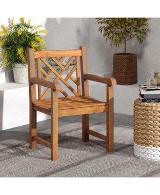 Teak Wood Patio Dining Chair Outdoor Armchair w/ Slatted Seat & Solid Legs