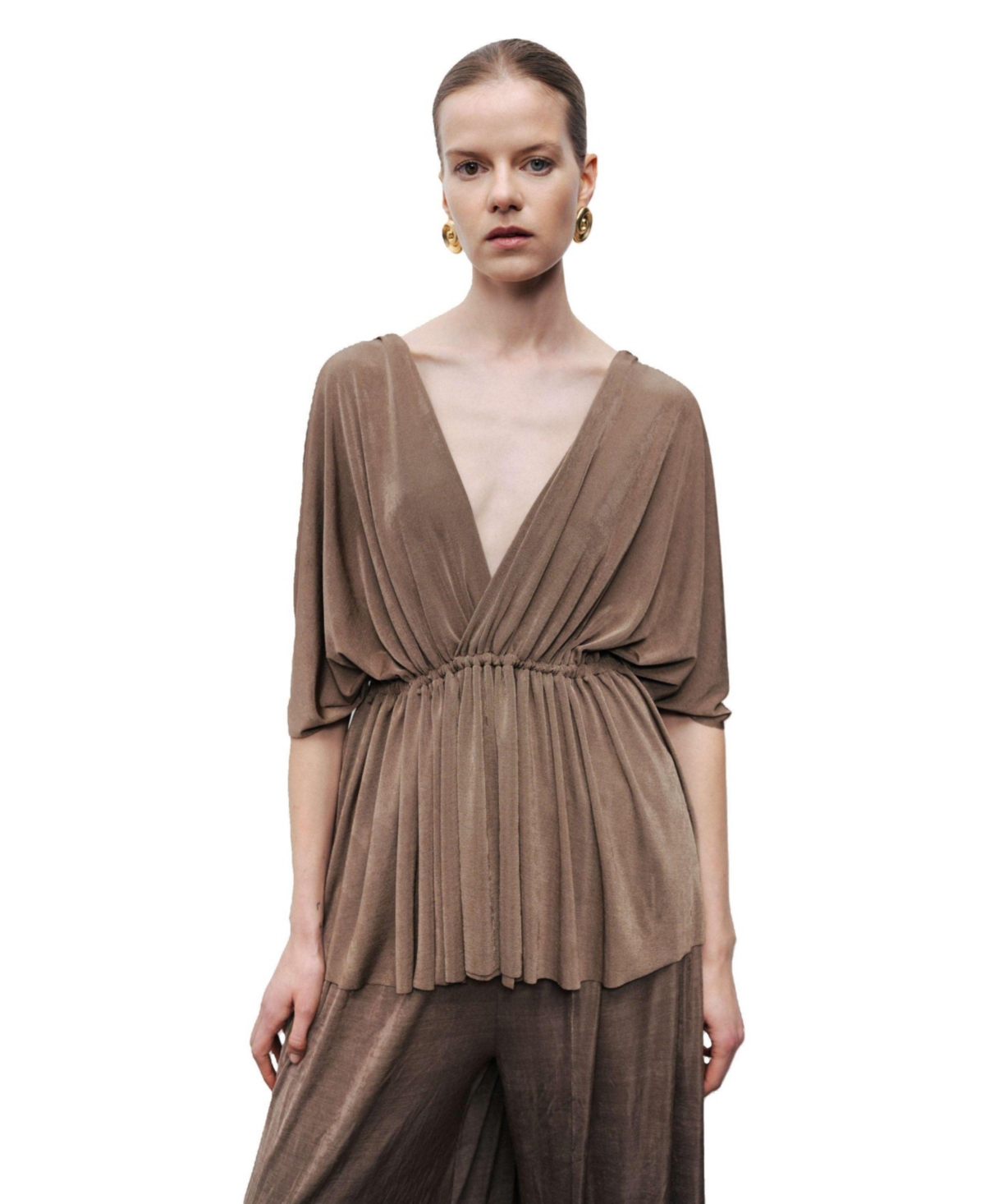Women's V-Neck Beaded Accessory Blouse - Medium brown