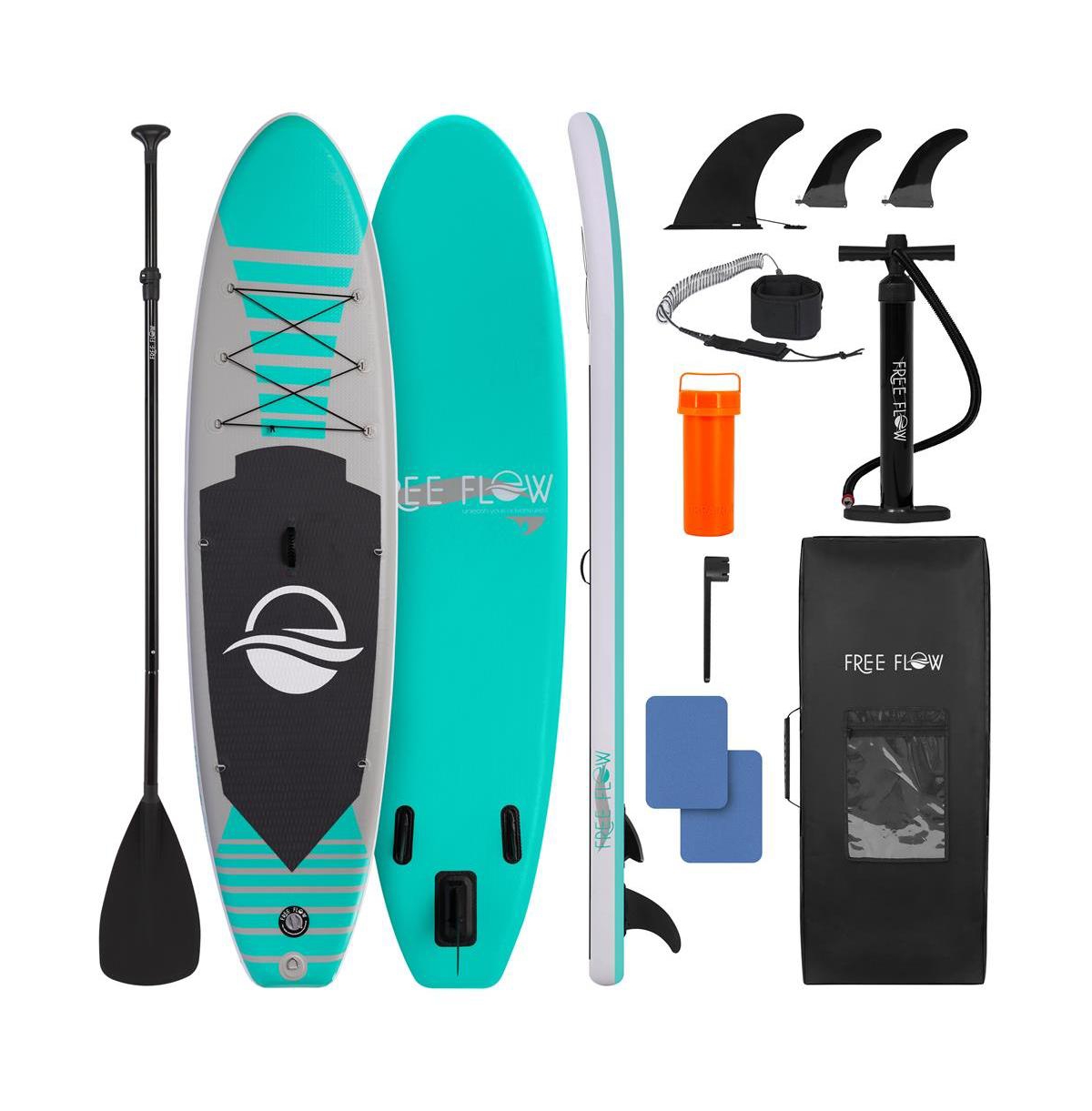 Free-Flow Welded Inflatable Stand-Up Paddle-Board with Double-Action Hand Pump, 3-Shaft Aluminum Paddle, Repair Kit and Backpack (Black) - Black