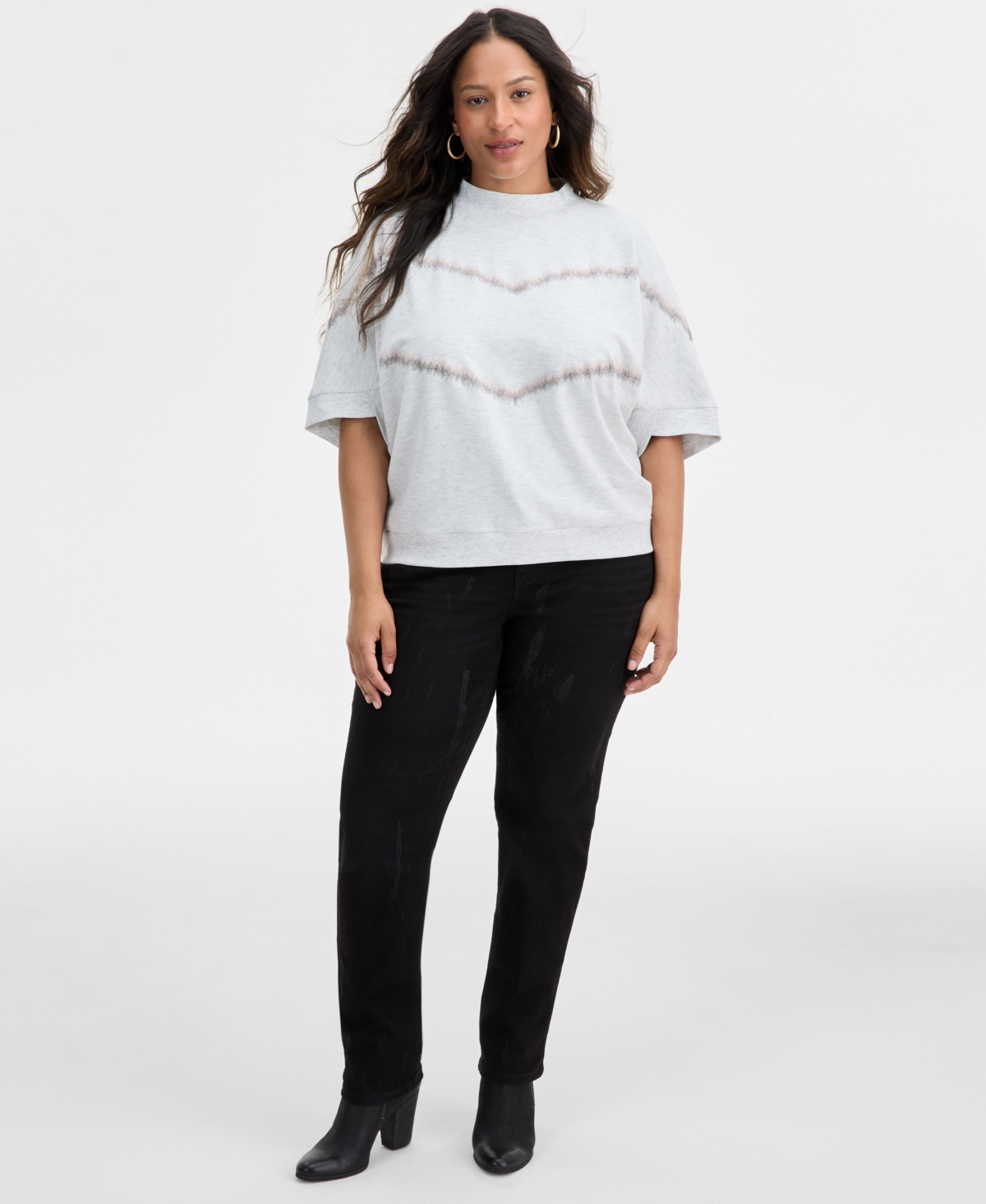 Democracy Plus Size Elbow-sleeve Mock-neck Top In Silver