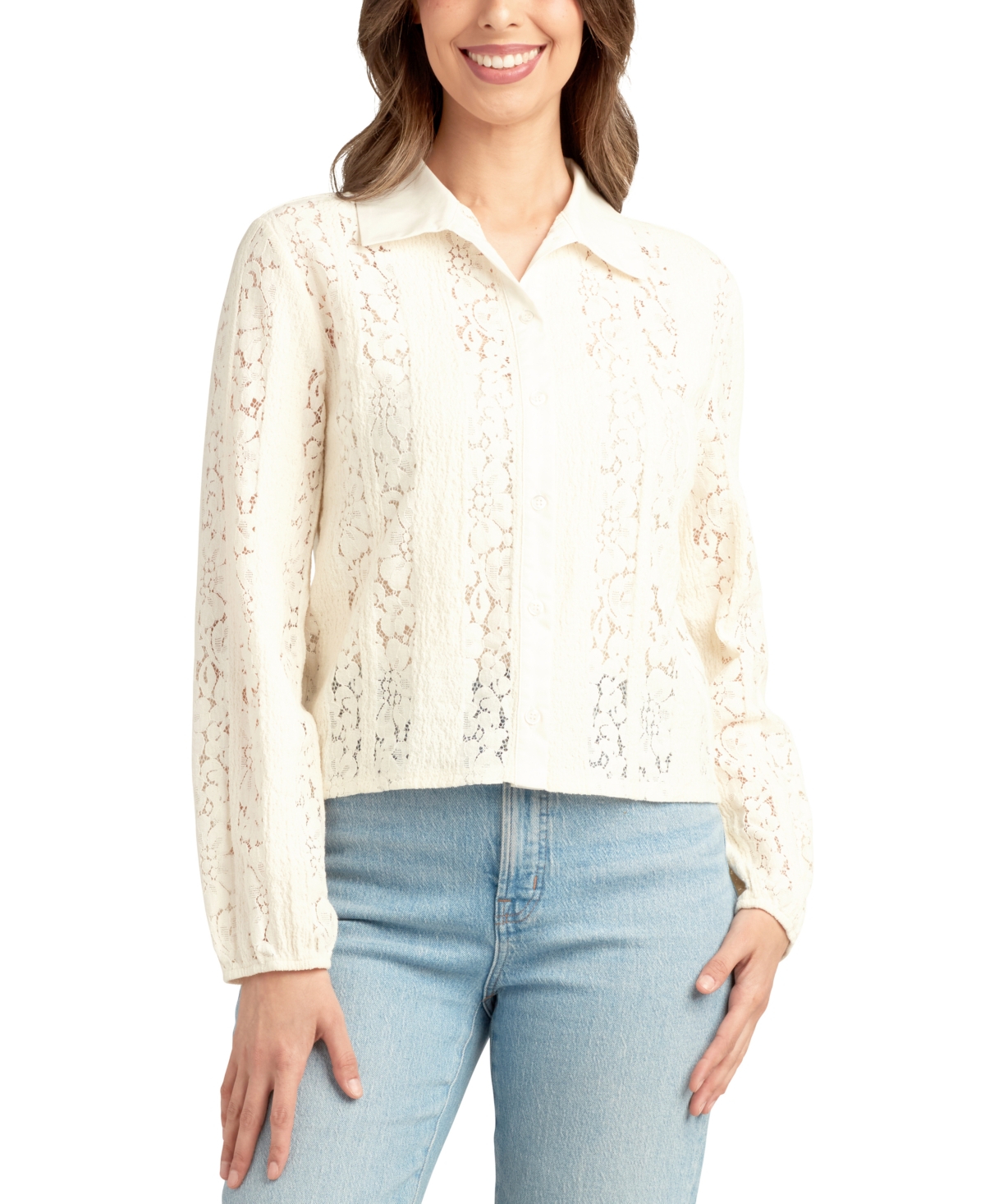 Bcx Juniors' Textured Lace Button-front Shirt In White