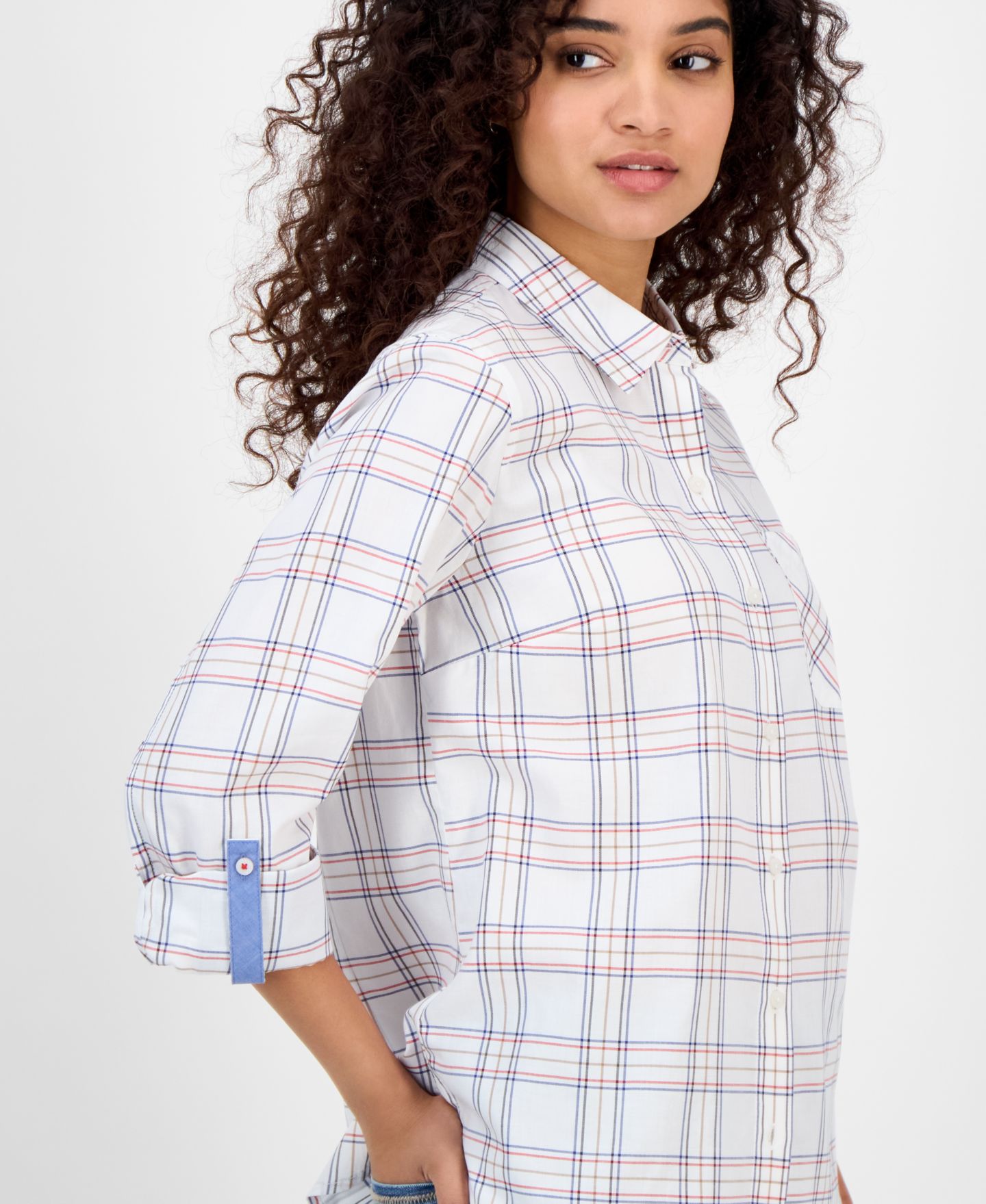 Женская рубашка Nautica Jeans Nautica Providence Plaid Cotton Roll-Tab-Sleeve, цвет: Яркий белый разноцветный — фото 3