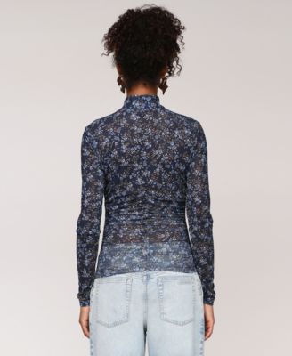 Women's Printed Mesh Mock Neck Ruched Top